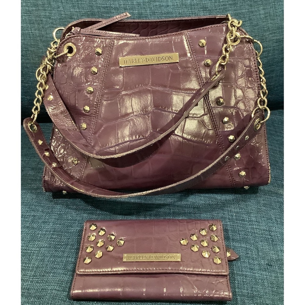 Vntg  Harley Davidson Purple/Studded Leather Purse/Embroidered/Charms W/wallet
